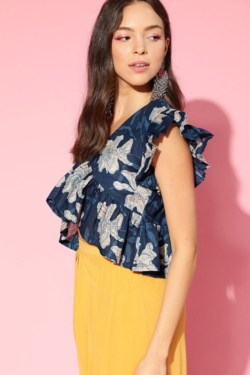 Blue Cotton Floral Print Peplum Crop Top VT1165 | DesiQlo
