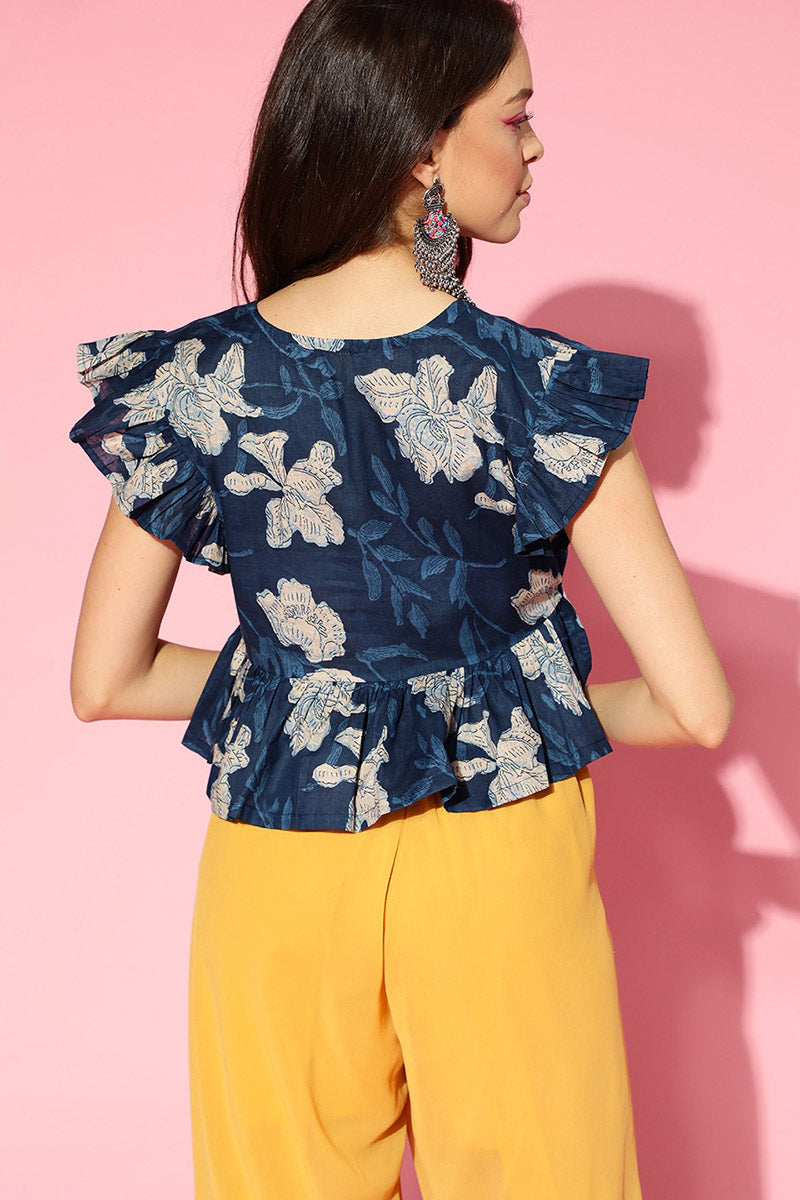 Blue Cotton Floral Print Peplum Crop Top VT1165 | DesiQlo