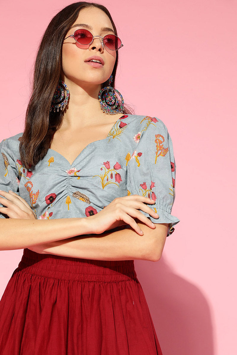 Blue Pure Cotton Floral Print Crop Top VT1167 | DesiQlo