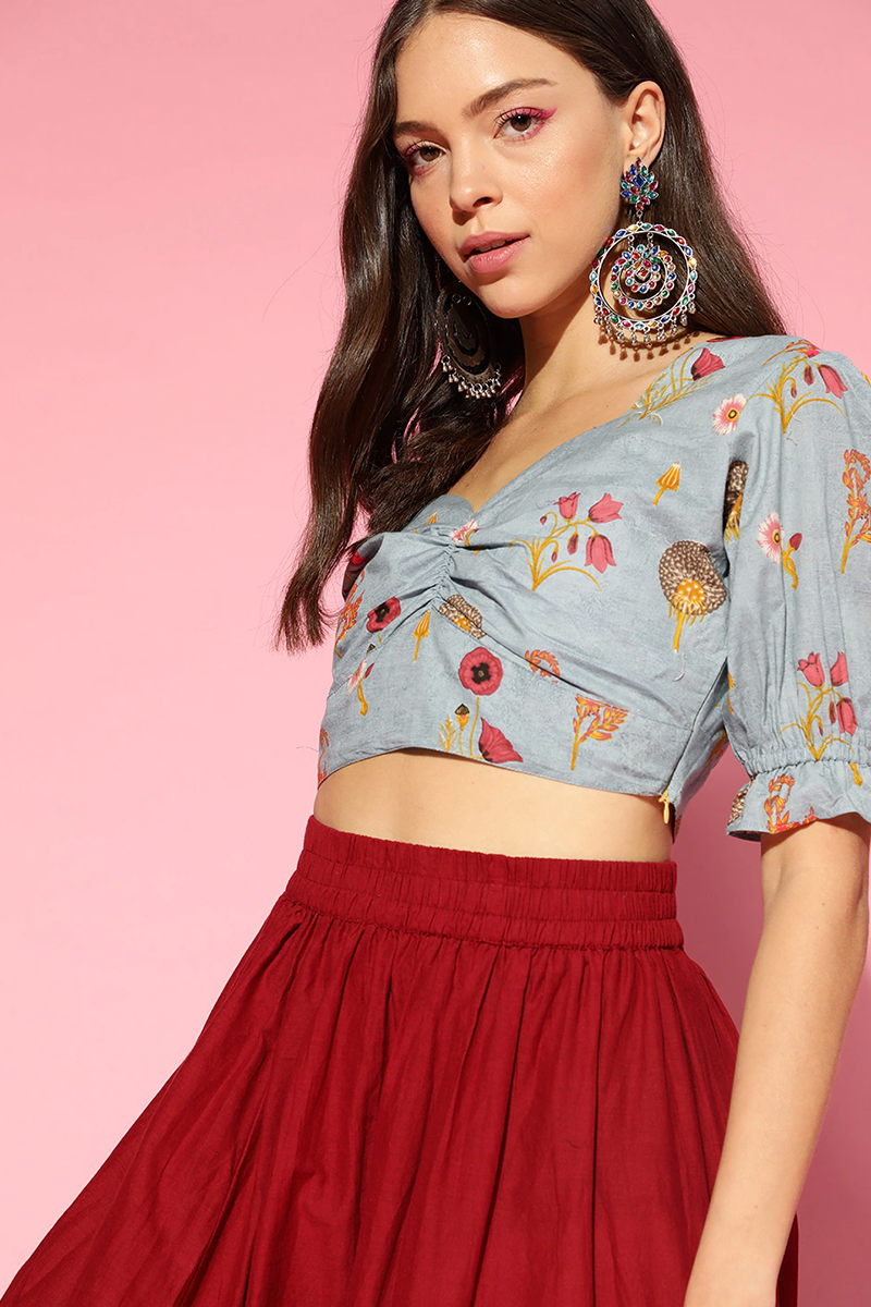 Blue Pure Cotton Floral Print Crop Top VT1167 | DesiQlo