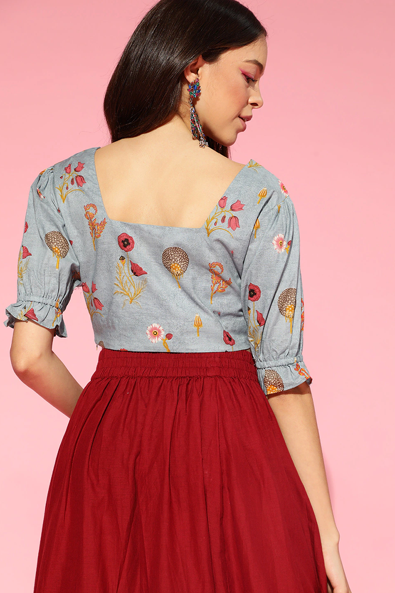 Blue Pure Cotton Floral Print Crop Top VT1167 | DesiQlo