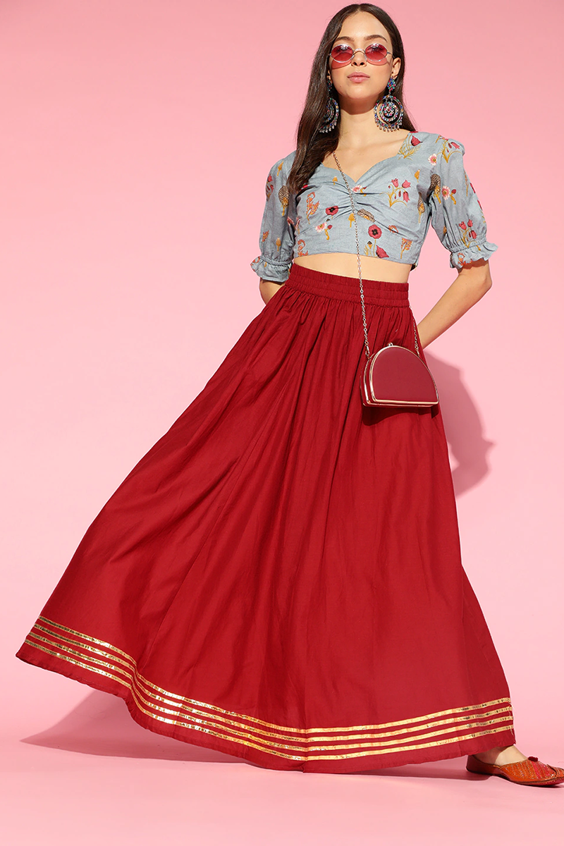 Blue Pure Cotton Floral Print Crop Top VT1167 | DesiQlo