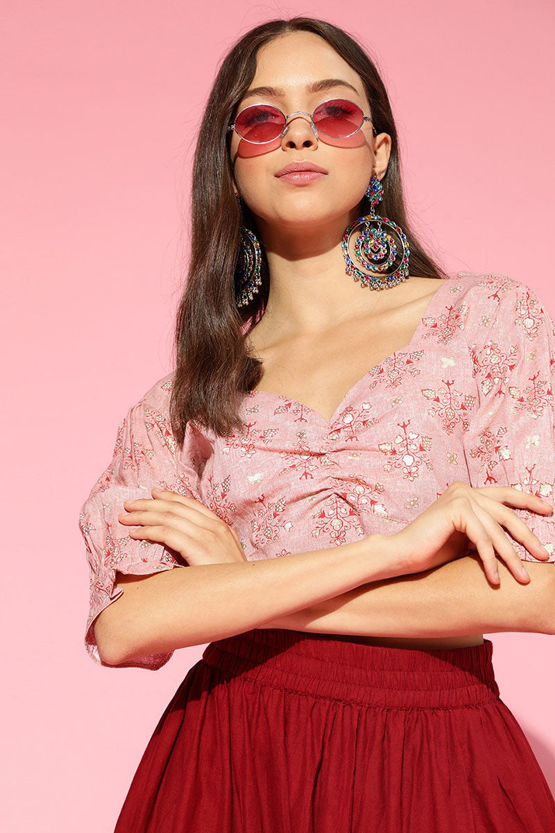 Peach Cotton Ethnic Motifs Crop Top VT1169 | DesiQlo