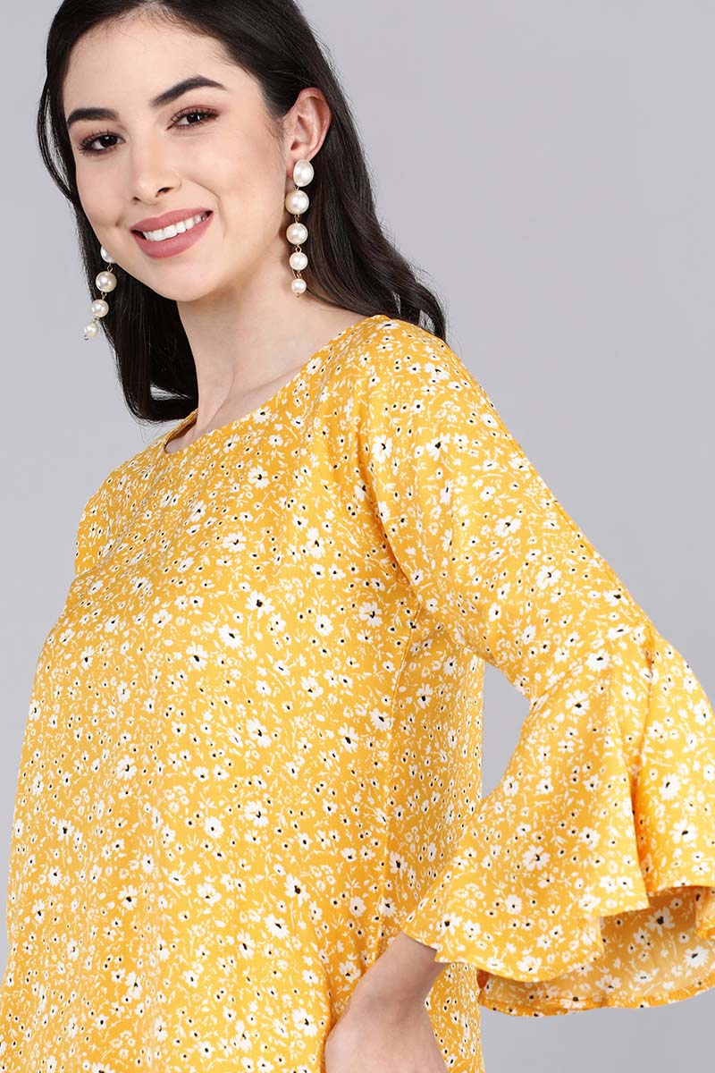 Yellow Poly Crepe Floral Print Top VT1195 | DesiQlo