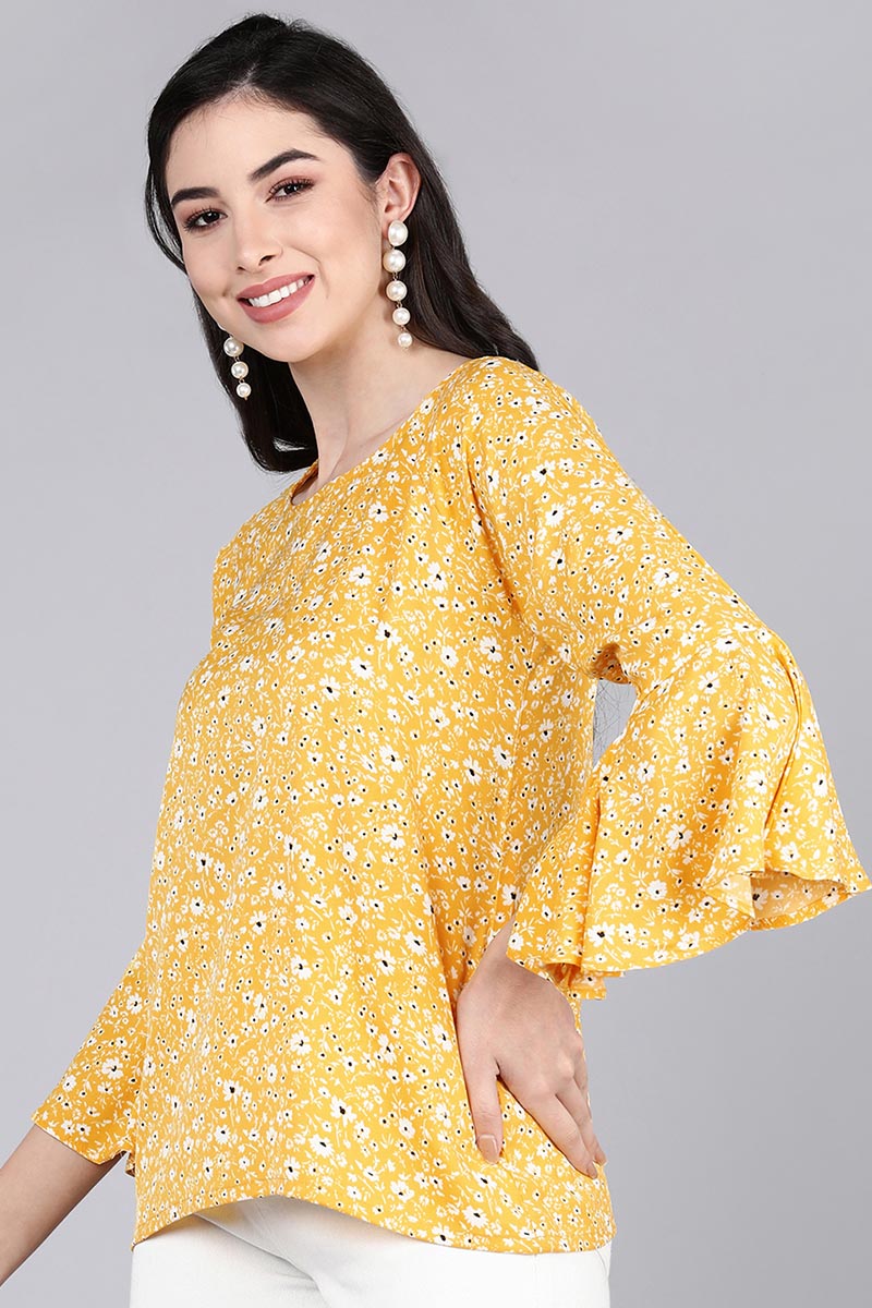 Yellow Poly Crepe Floral Print Top VT1195 | DesiQlo