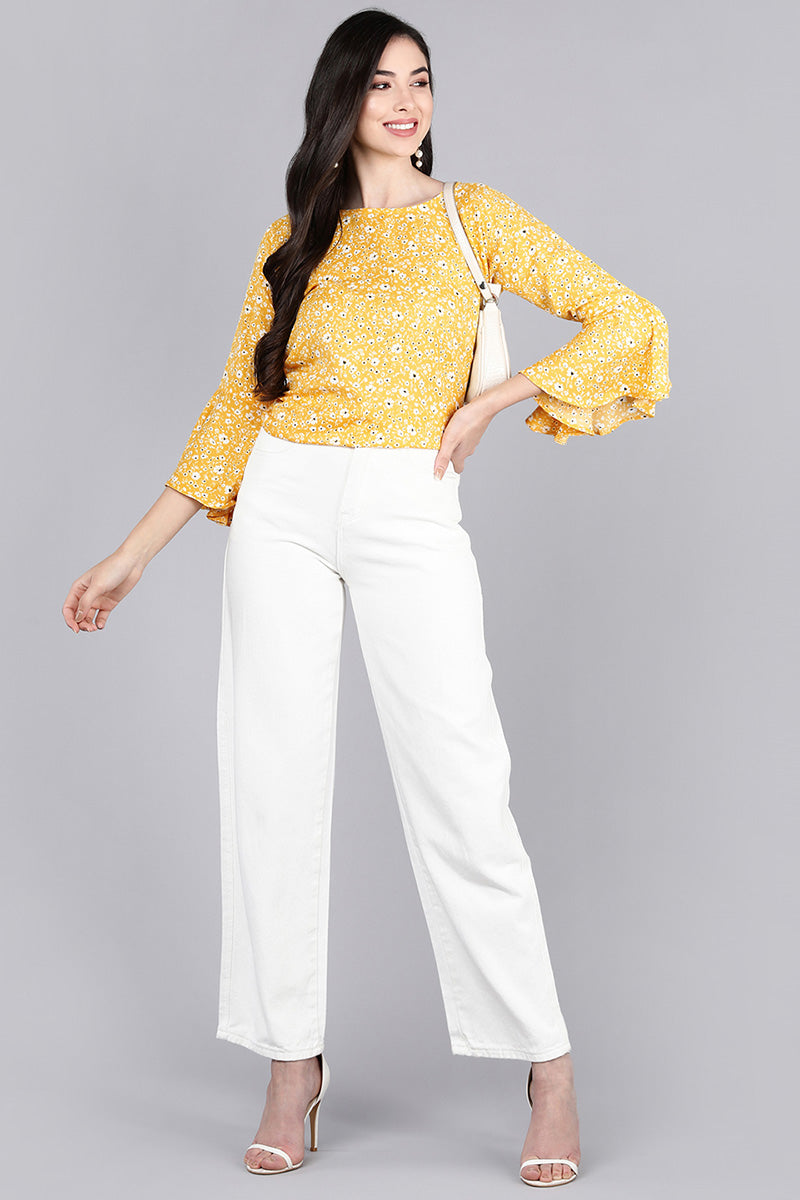 Yellow Poly Crepe Floral Print Top VT1195 | DesiQlo