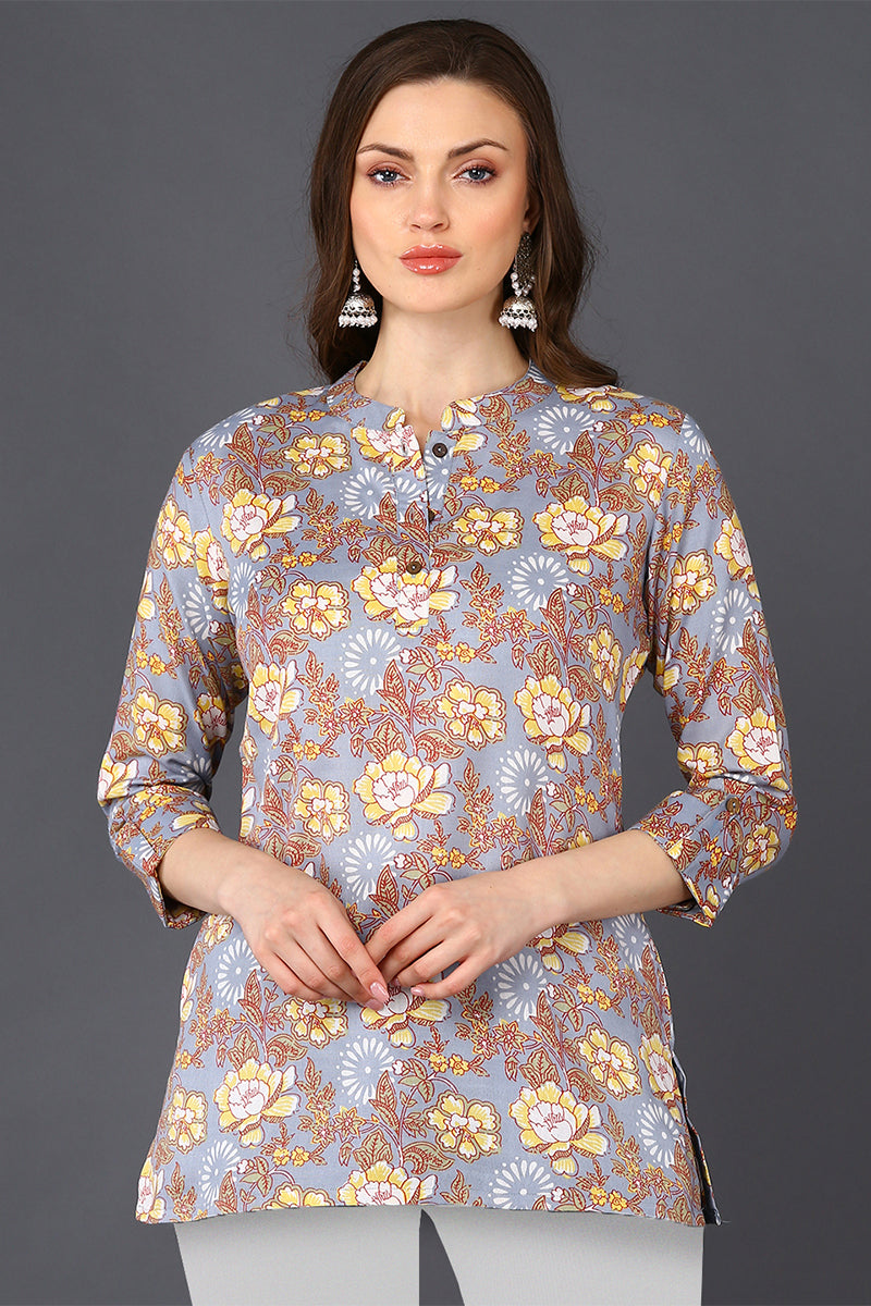 Grey Floral Cotton Blend Printed Straight Tunic VT1228 | DesiQlo