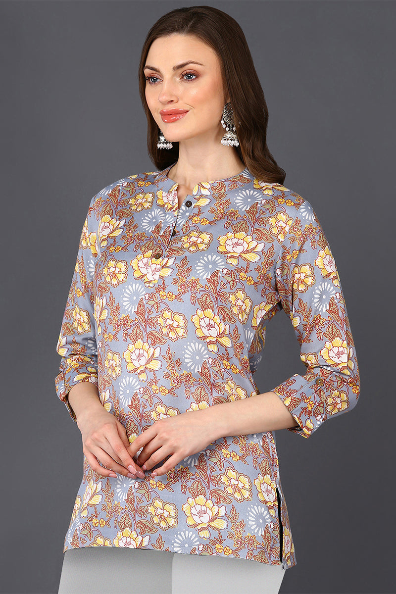 Grey Floral Cotton Blend Printed Straight Tunic VT1228 | DesiQlo