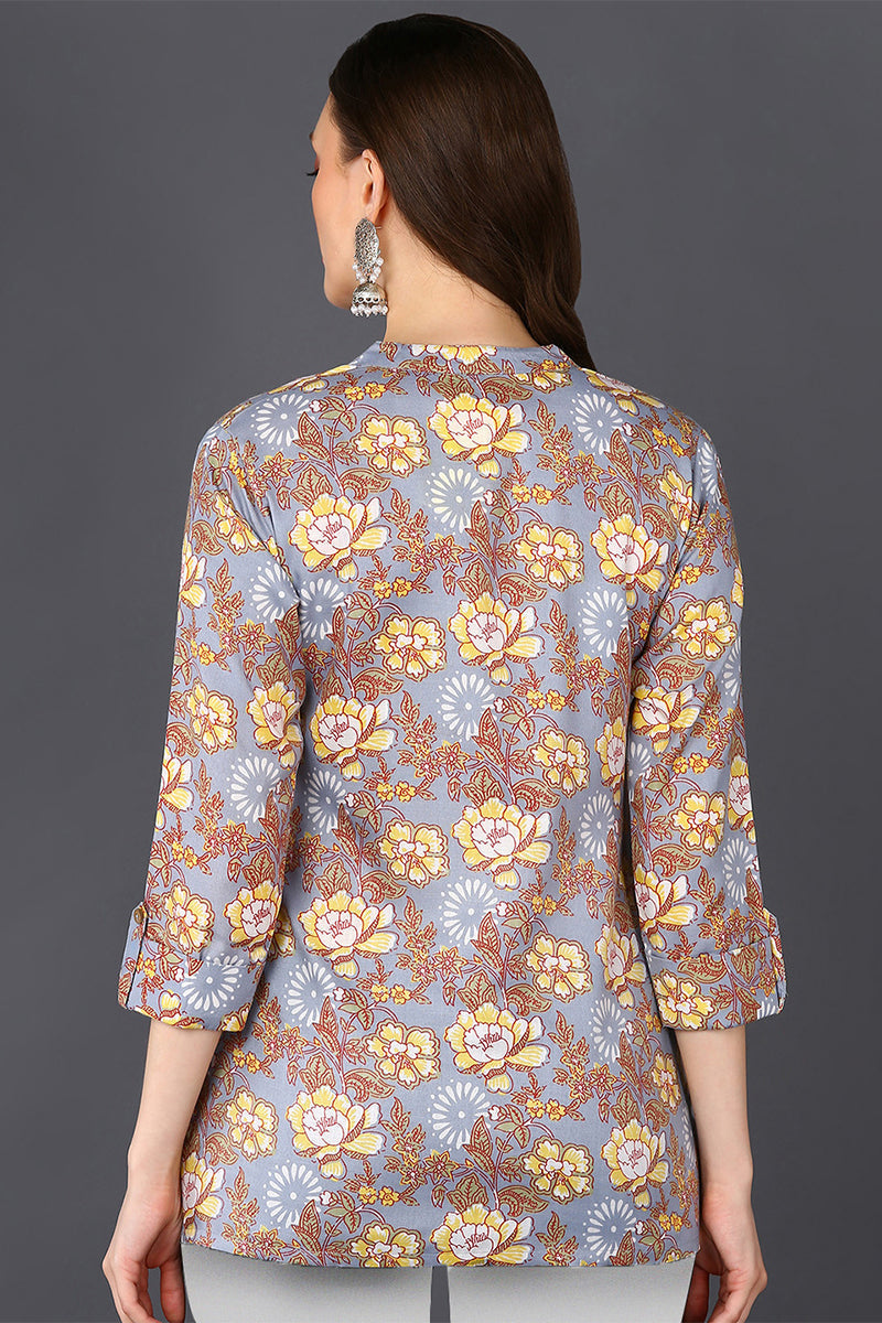 Grey Floral Cotton Blend Printed Straight Tunic VT1228 | DesiQlo