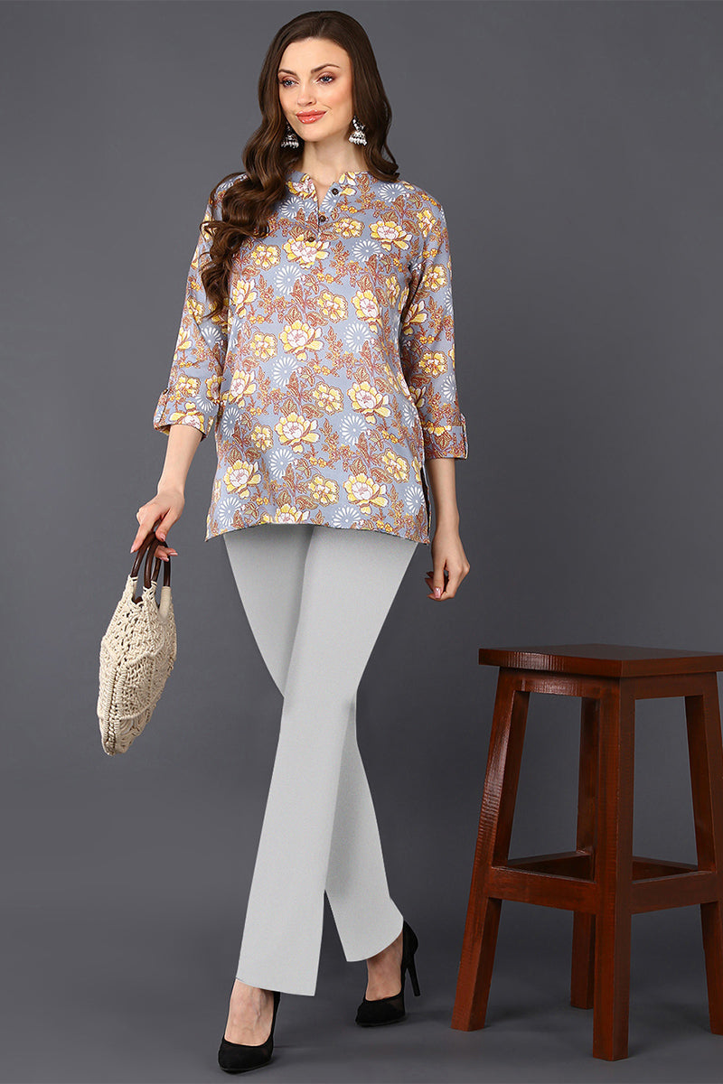 Grey Floral Cotton Blend Printed Straight Tunic VT1228 | DesiQlo