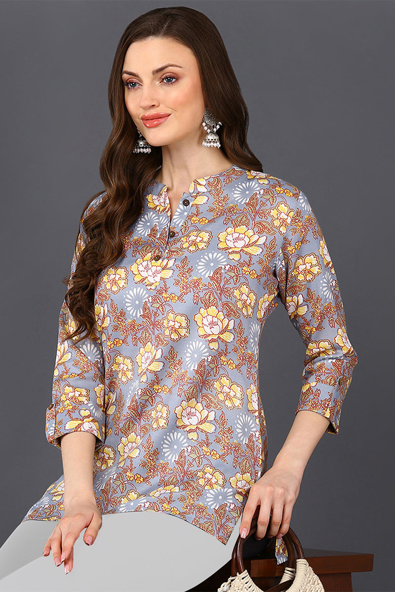Grey Floral Cotton Blend Printed Straight Tunic VT1228 | DesiQlo