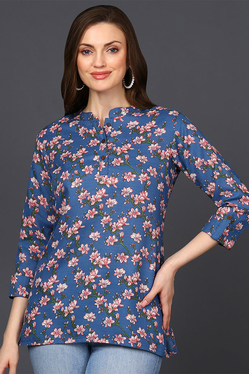 Blue Cotton Blend Floral Printed Straight Tunic VT1235 | DesiQlo