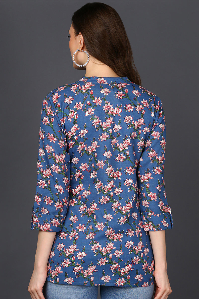 Blue Cotton Blend Floral Printed Straight Tunic VT1235 | DesiQlo