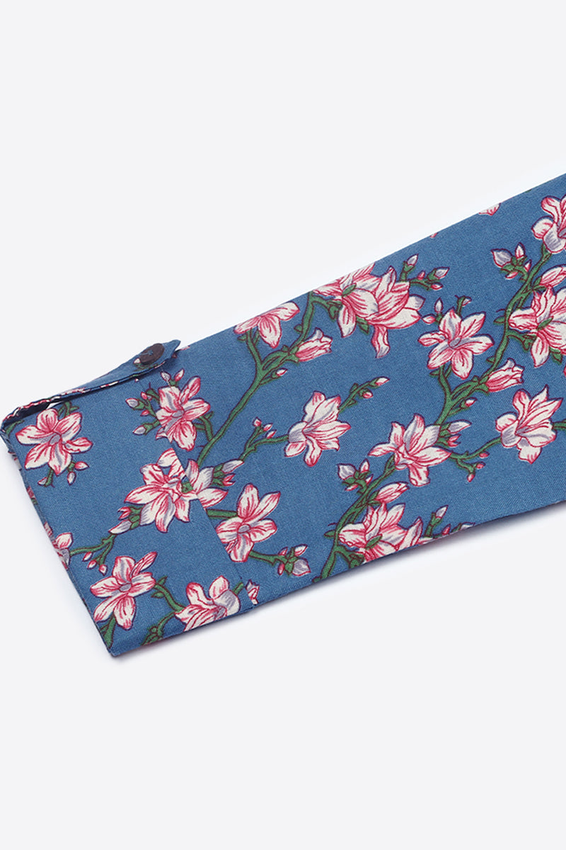 Blue Cotton Blend Floral Printed Straight Tunic VT1235 | DesiQlo