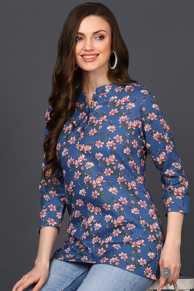 Blue Cotton Blend Floral Printed Straight Tunic VT1235 | DesiQlo