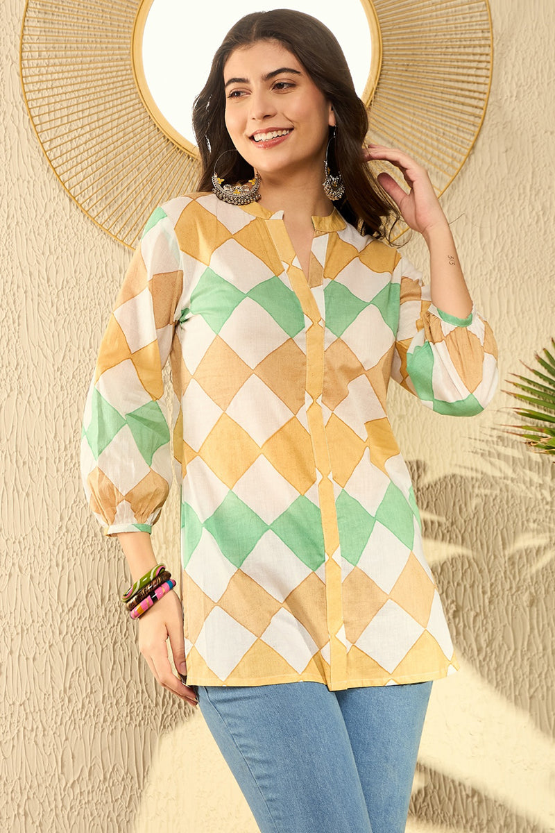 White Cotton Blend Geometric Printed Regular Tunic VT1273WHT | DesiQlo