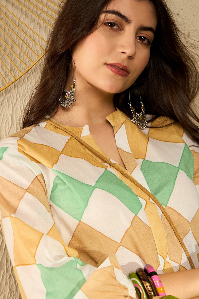 White Cotton Blend Geometric Printed Regular Tunic VT1273WHT | DesiQlo