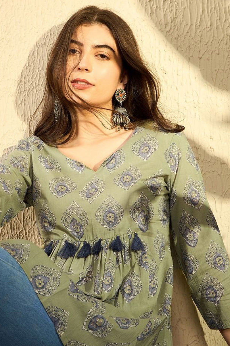 Green Cotton Blend Ethnic Motifs Printed Peplum Tunic VT1283 | DesiQlo