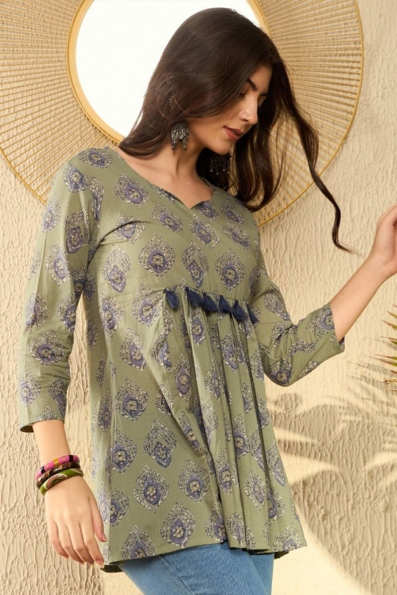 Green Cotton Blend Ethnic Motifs Printed Peplum Tunic VT1283 | DesiQlo