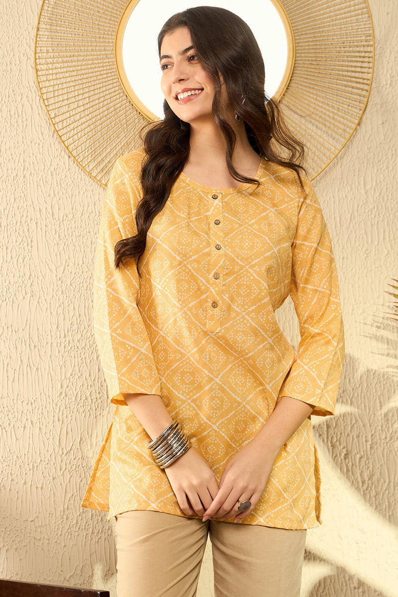 Yellow Cotton Blend Bandhani Printed Regular Tunic VT1287 | DesiQlo