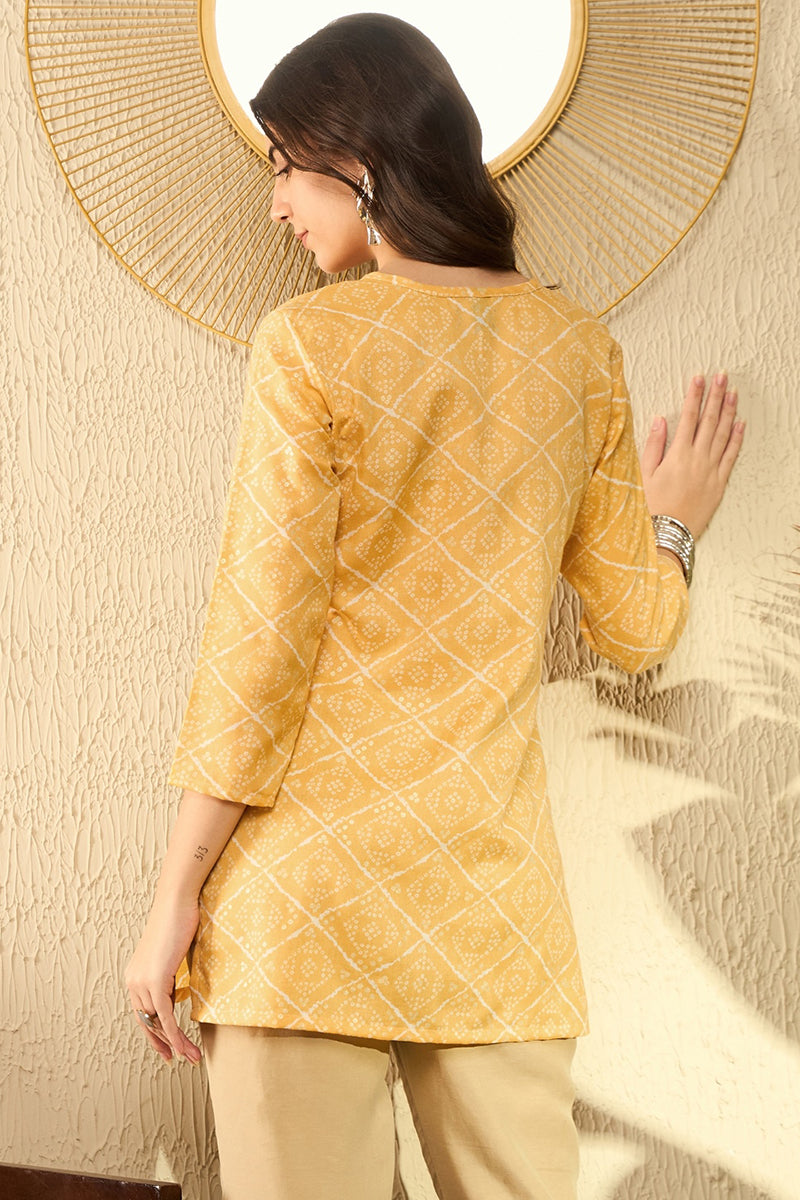 Yellow Cotton Blend Bandhani Printed Regular Tunic VT1287 | DesiQlo