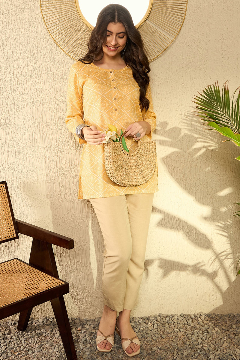 Yellow Cotton Blend Bandhani Printed Regular Tunic VT1287 | DesiQlo