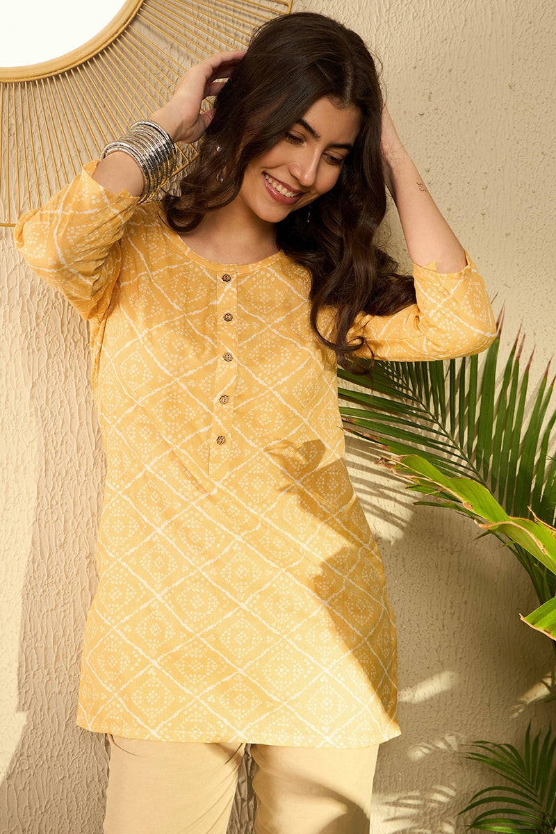 Yellow Cotton Blend Bandhani Printed Regular Tunic VT1287 | DesiQlo