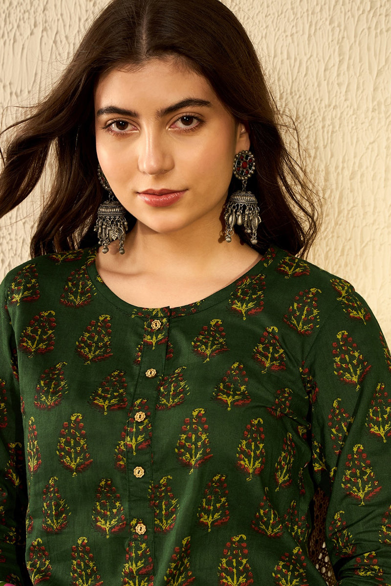 Green Cotton Blend Ethnic Motifs Printed Regular Tunic VT1297 | DesiQl