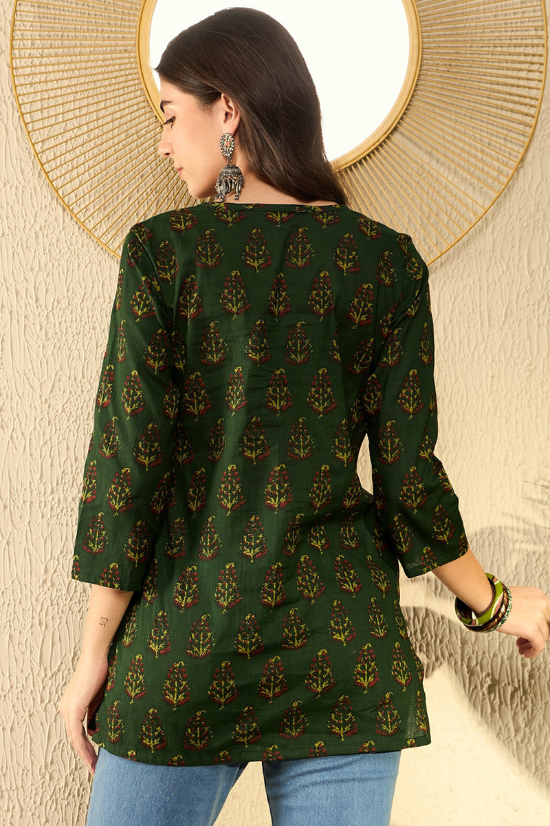 Green Cotton Blend Ethnic Motifs Printed Regular Tunic VT1297 | DesiQl