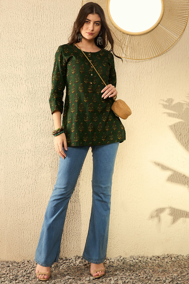 Green Cotton Blend Ethnic Motifs Printed Regular Tunic VT1297 | DesiQl
