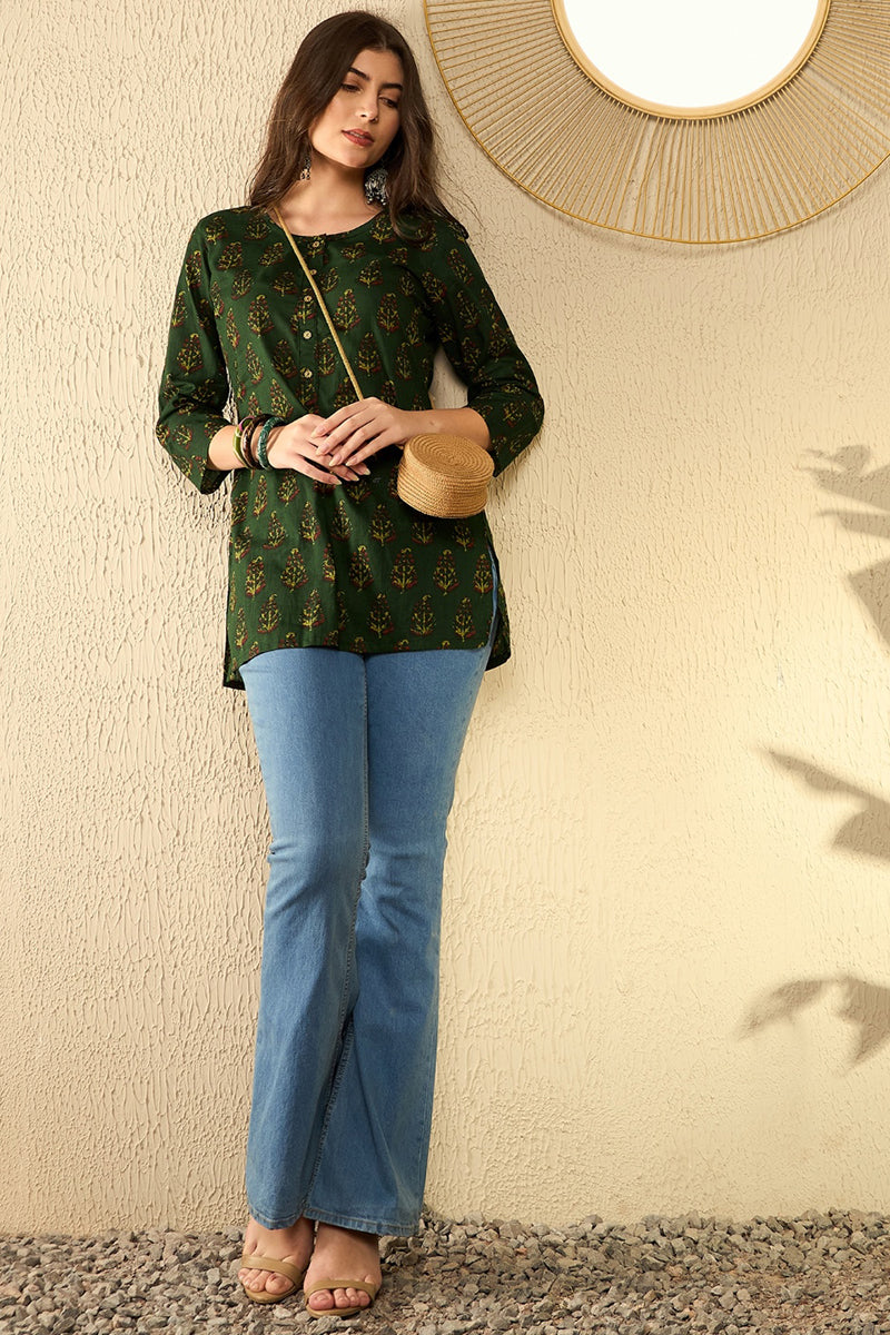 Green Cotton Blend Ethnic Motifs Printed Regular Tunic VT1297 | DesiQl