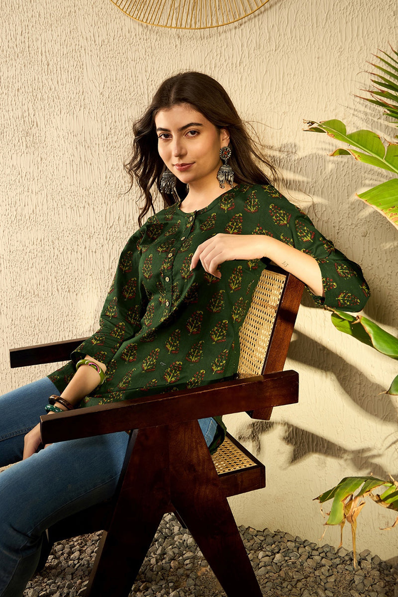 Green Cotton Blend Ethnic Motifs Printed Regular Tunic VT1297 | DesiQl