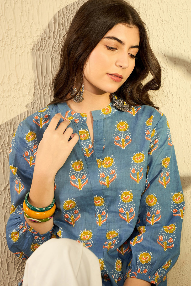 Blue Cotton Blend Floral Printed Regular Tunic VT1300 | DesiQlo