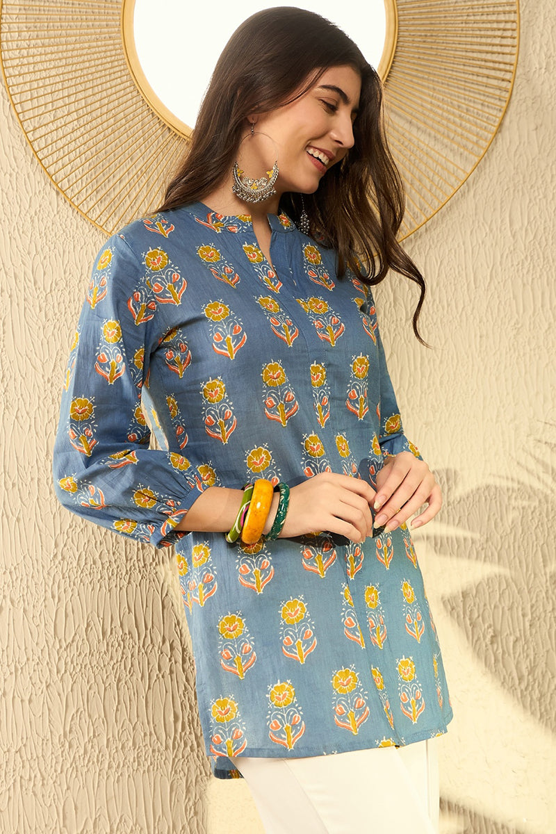 Blue Cotton Blend Floral Printed Regular Tunic VT1300 | DesiQlo