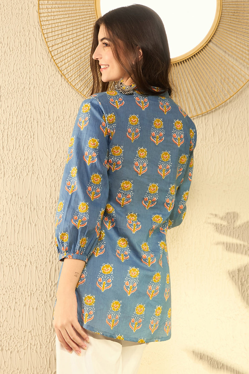 Blue Cotton Blend Floral Printed Regular Tunic VT1300 | DesiQlo