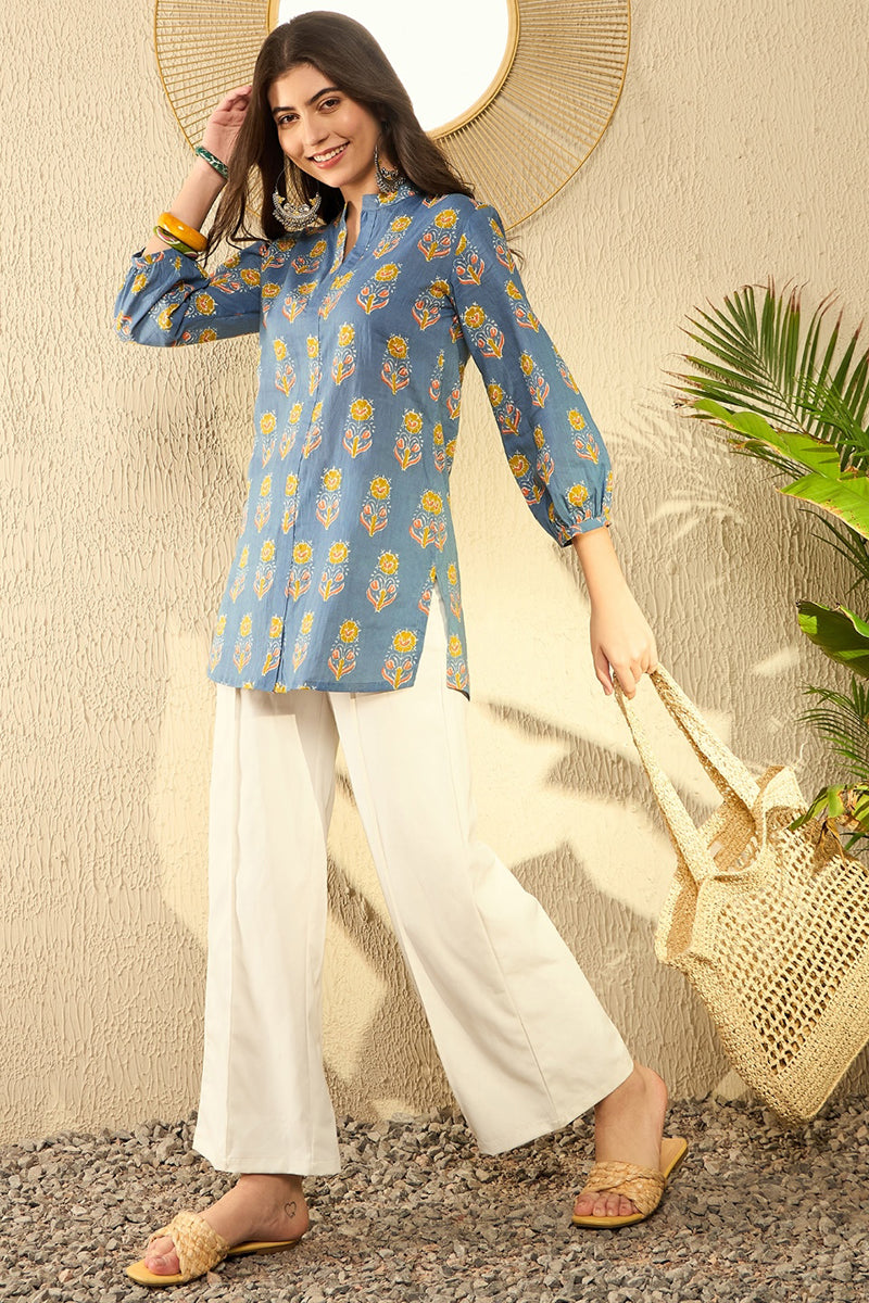 Blue Cotton Blend Floral Printed Regular Tunic VT1300 | DesiQlo