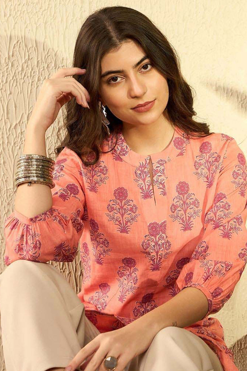 Orange Cotton Blend Floral Printed Regular Tunic VT1301 | DesiQlo