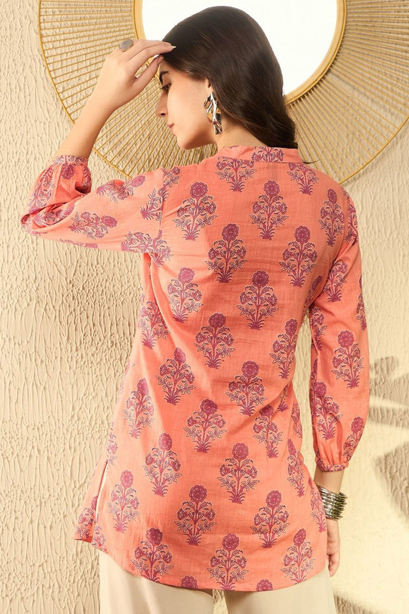 Orange Cotton Blend Floral Printed Regular Tunic VT1301 | DesiQlo