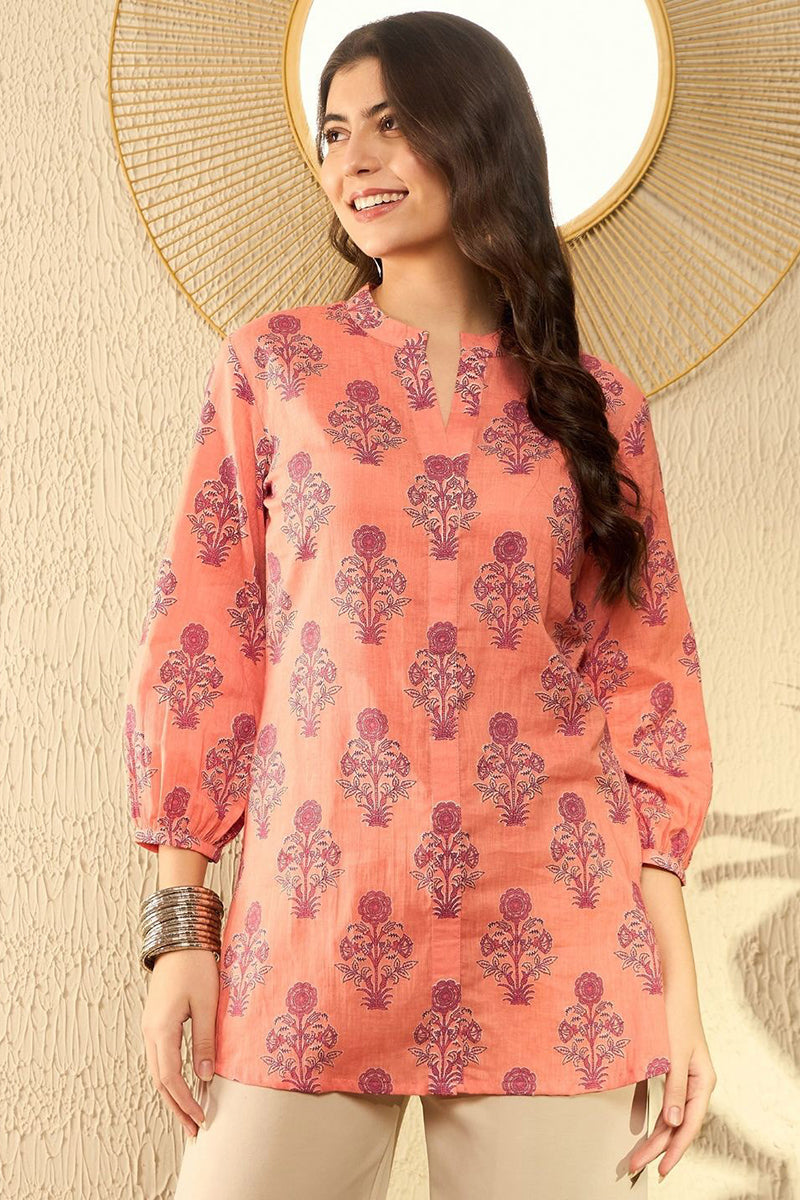 Orange Cotton Blend Floral Printed Regular Tunic VT1301 | DesiQlo