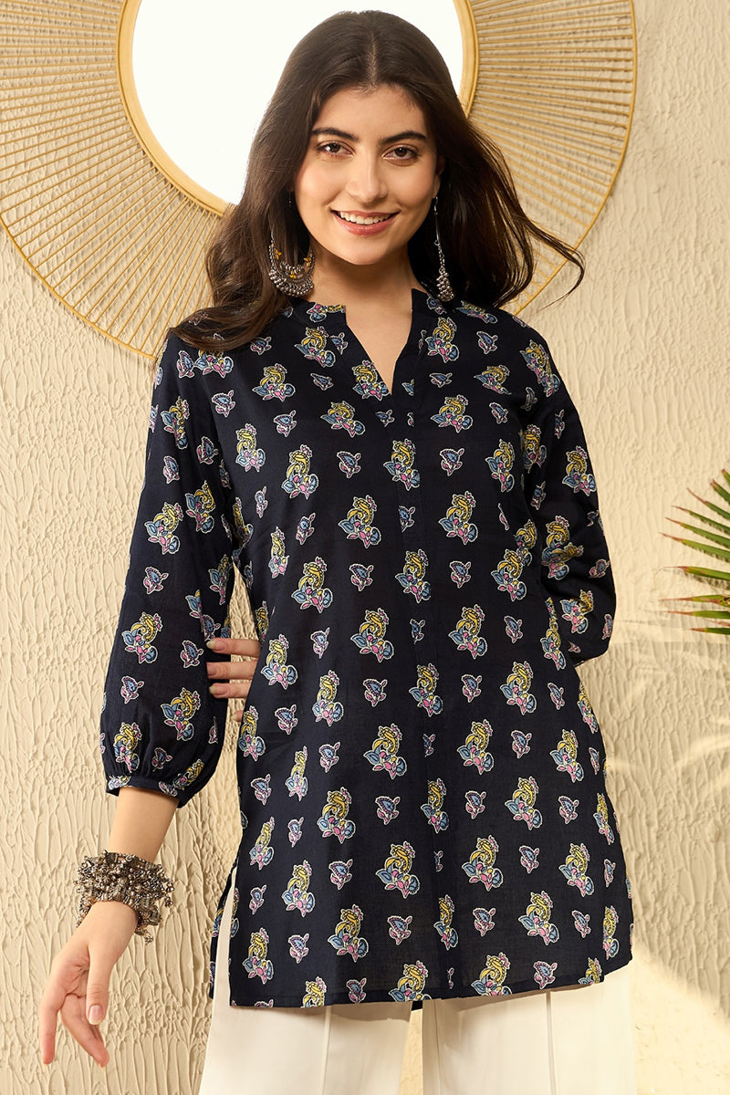 Navy Blue Cotton Blend Ethnic Motifs Printed Regular Tunic VT1302 | De