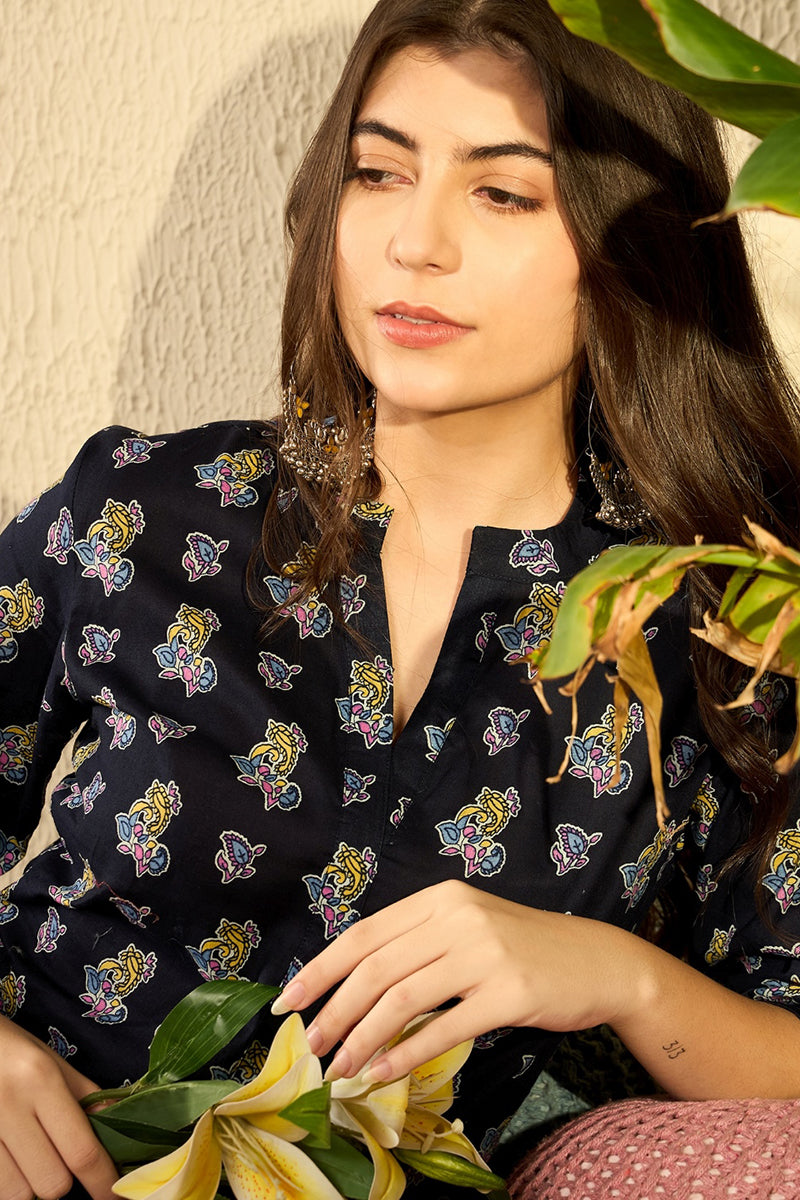 Navy Blue Cotton Blend Ethnic Motifs Printed Regular Tunic VT1302 | De