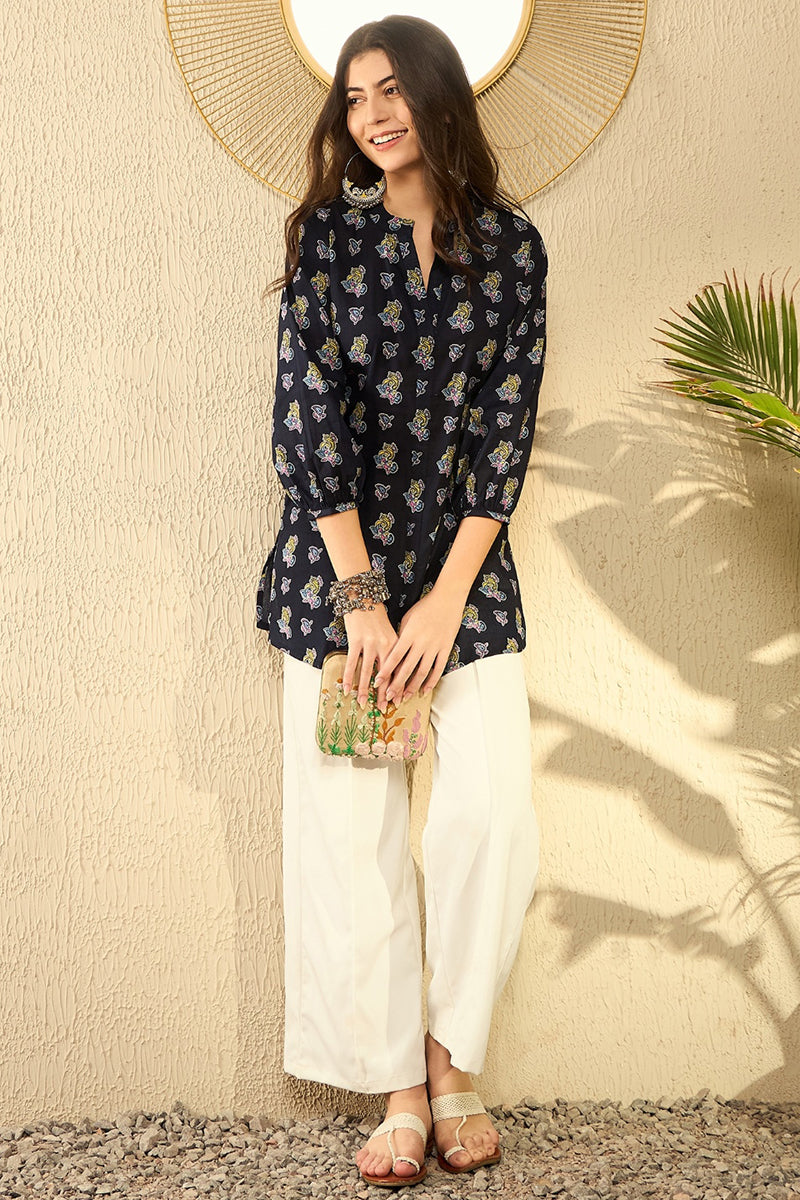 Navy Blue Cotton Blend Ethnic Motifs Printed Regular Tunic VT1302 | De