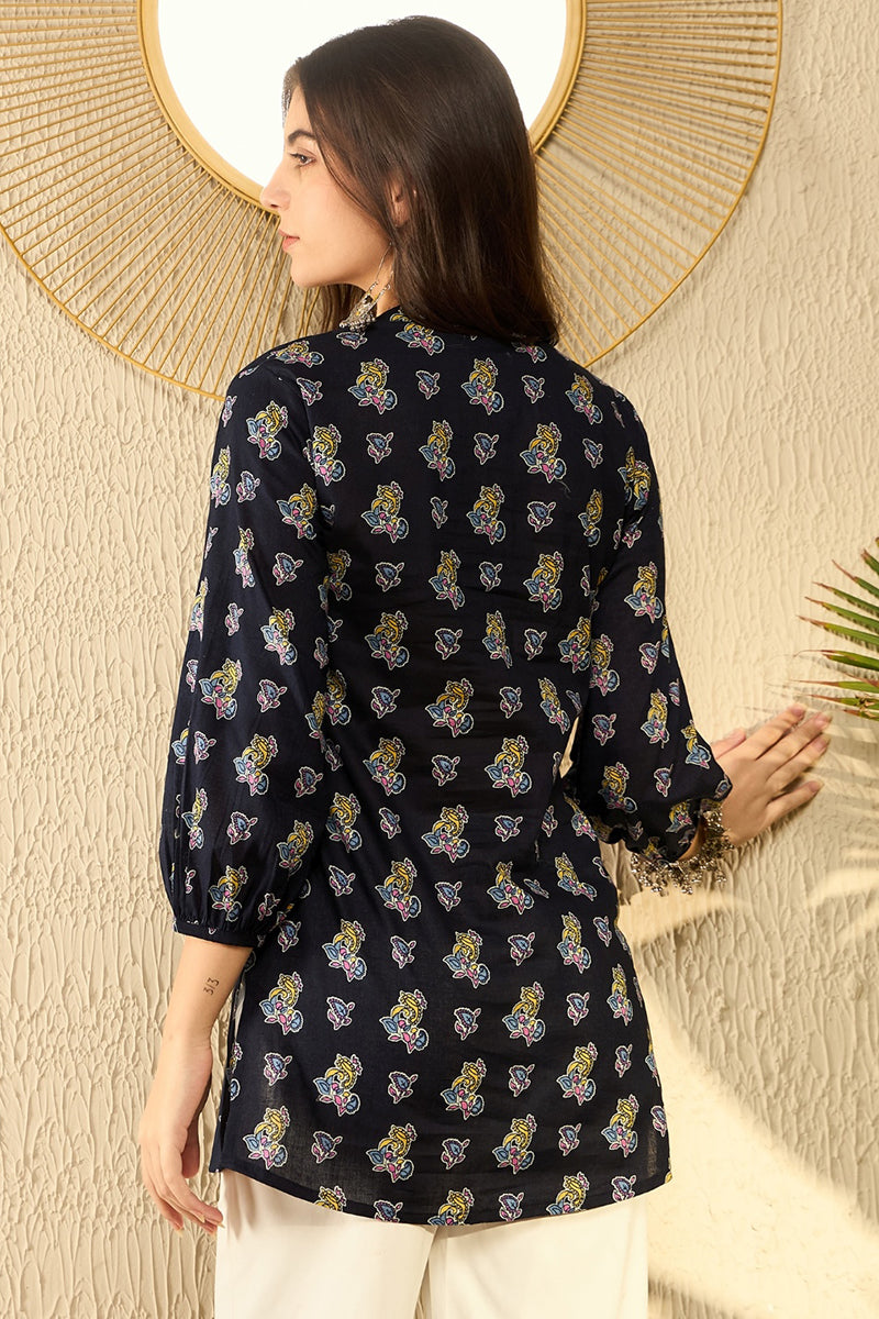 Navy Blue Cotton Blend Ethnic Motifs Printed Regular Tunic VT1302 | De