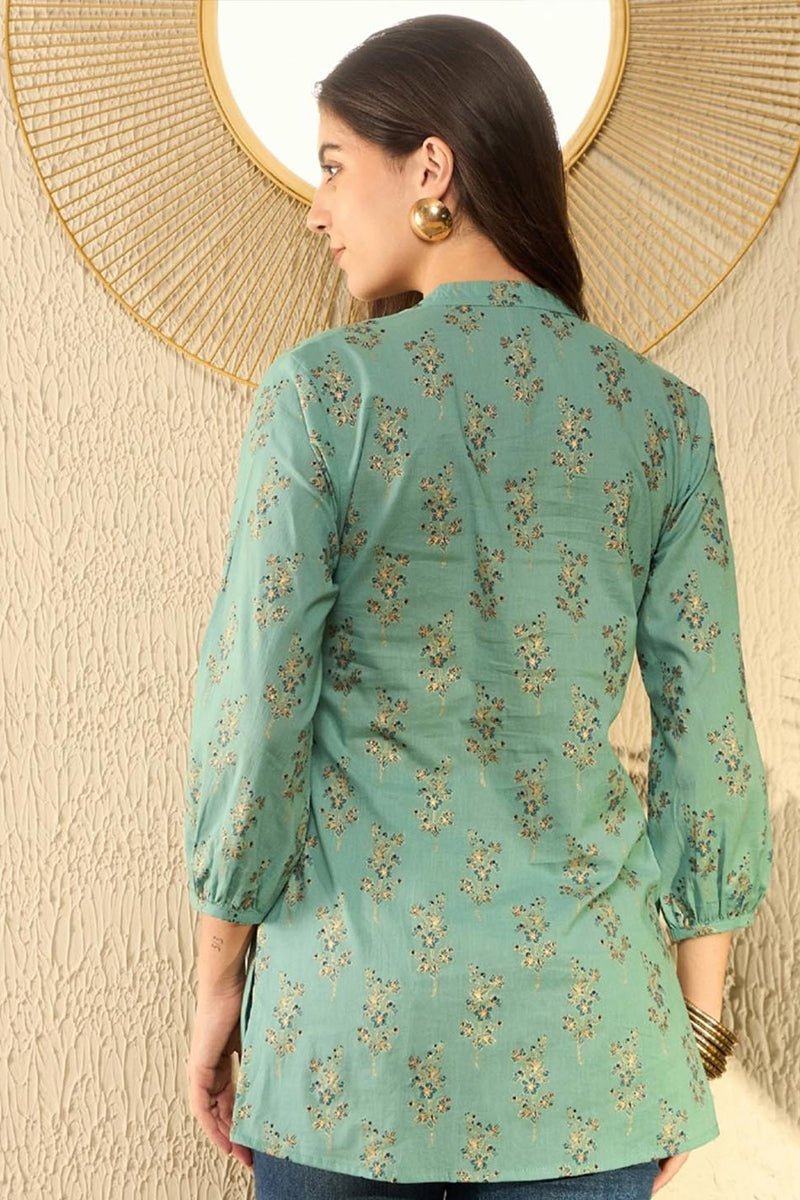 Sea Green Cotton Blend Floral Printed Regular Tunic VT1304