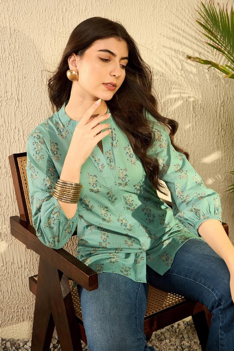 Sea Green Cotton Blend Floral Printed Regular Tunic VT1304