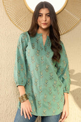 Sea Green Cotton Blend Floral Printed Regular Tunic VT1304