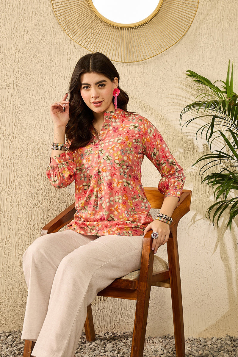 Pink Viscose Rayon Floral Printed Regular Top VT1310 | DesiQlo