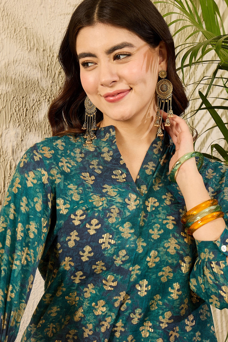 Blue Cotton Blend Ethnic Motifs Printed Regular Top VT1311