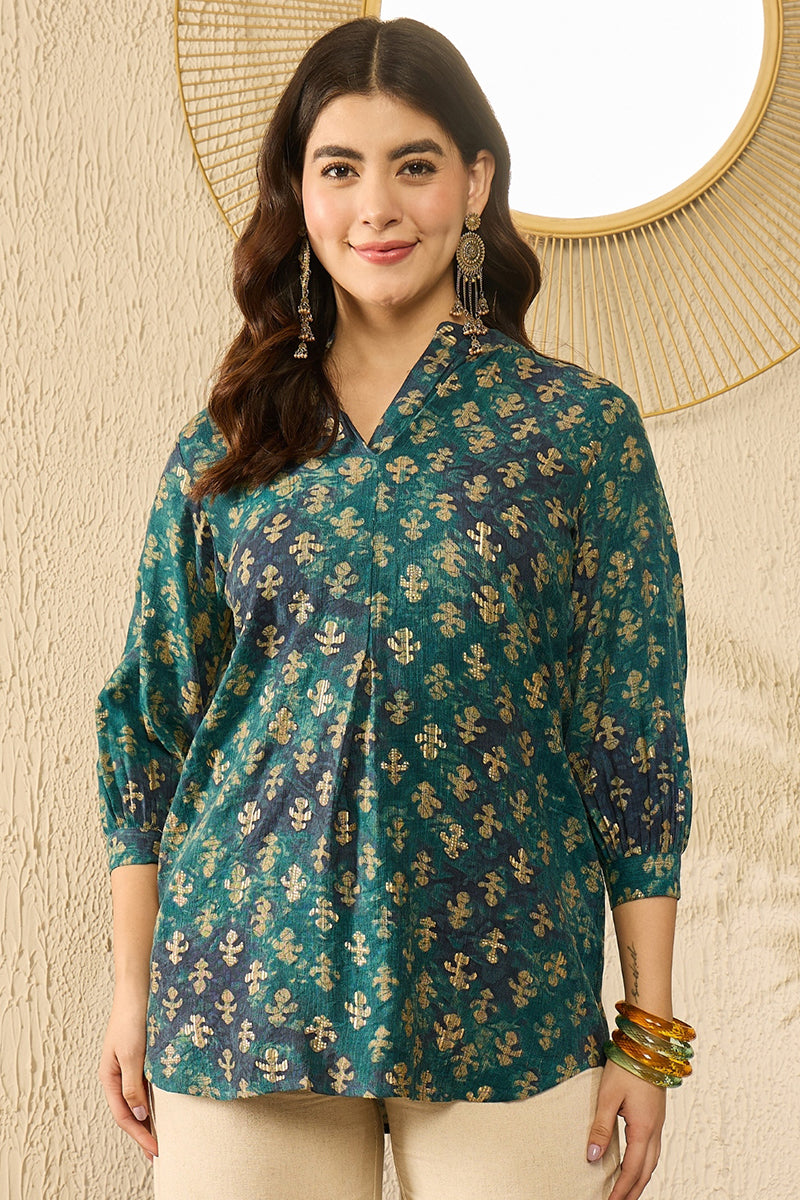 Blue Cotton Blend Ethnic Motifs Printed Regular Top VT1311 | DesiQlo