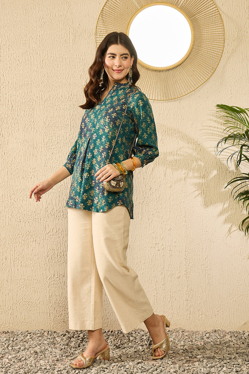 Blue Cotton Blend Ethnic Motifs Printed Regular Top VT1311 | DesiQlo